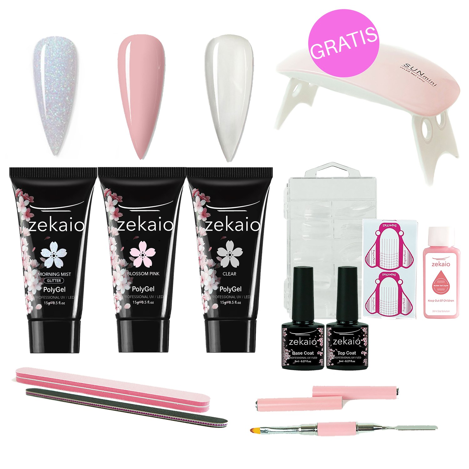 Zekaio Combo Ideal kit with three PolyGel tubes, nail lamp, tools and top and base coat