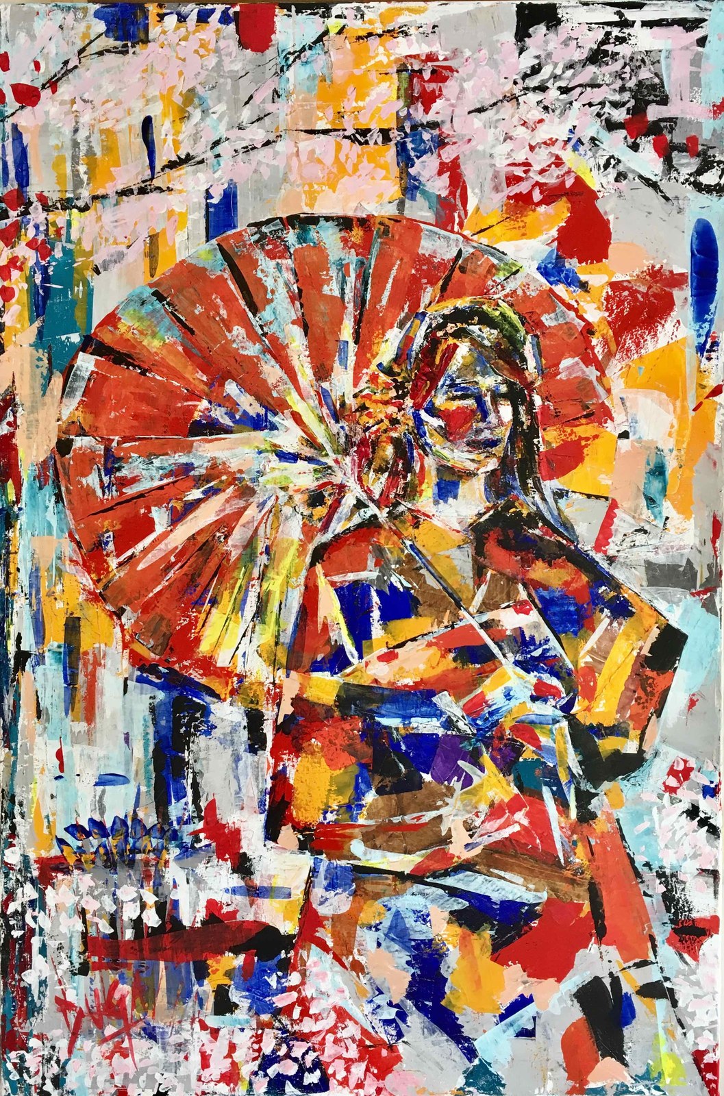 Colorful fragmented portrait of a woman with a red fan, in a mosaic of red, yellow and blue