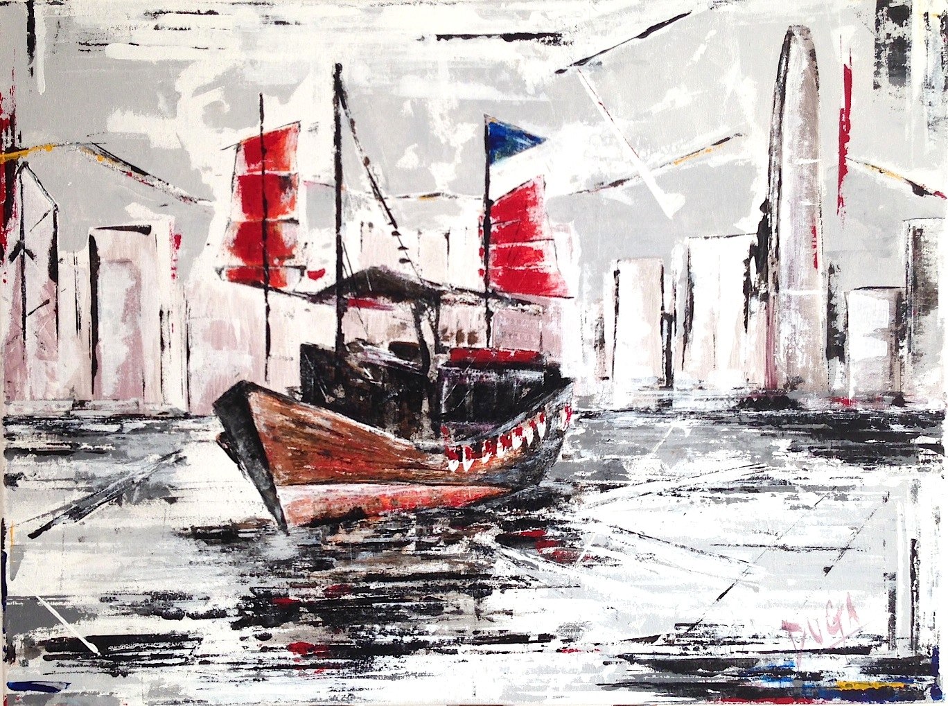 Painting of a red-sailed junk boat in Hong Kong harbour with a blue flag atop its mast