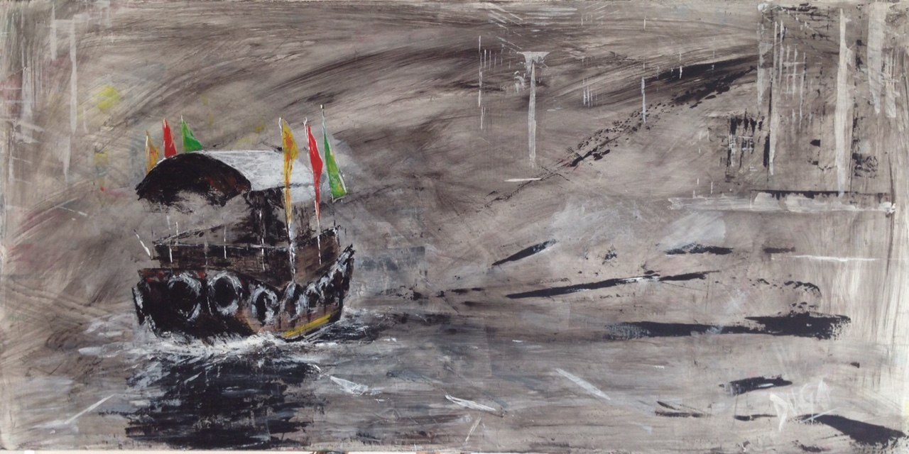 Painting of a dark junk boat flying yellow, red and green flags against a stormy grey sky