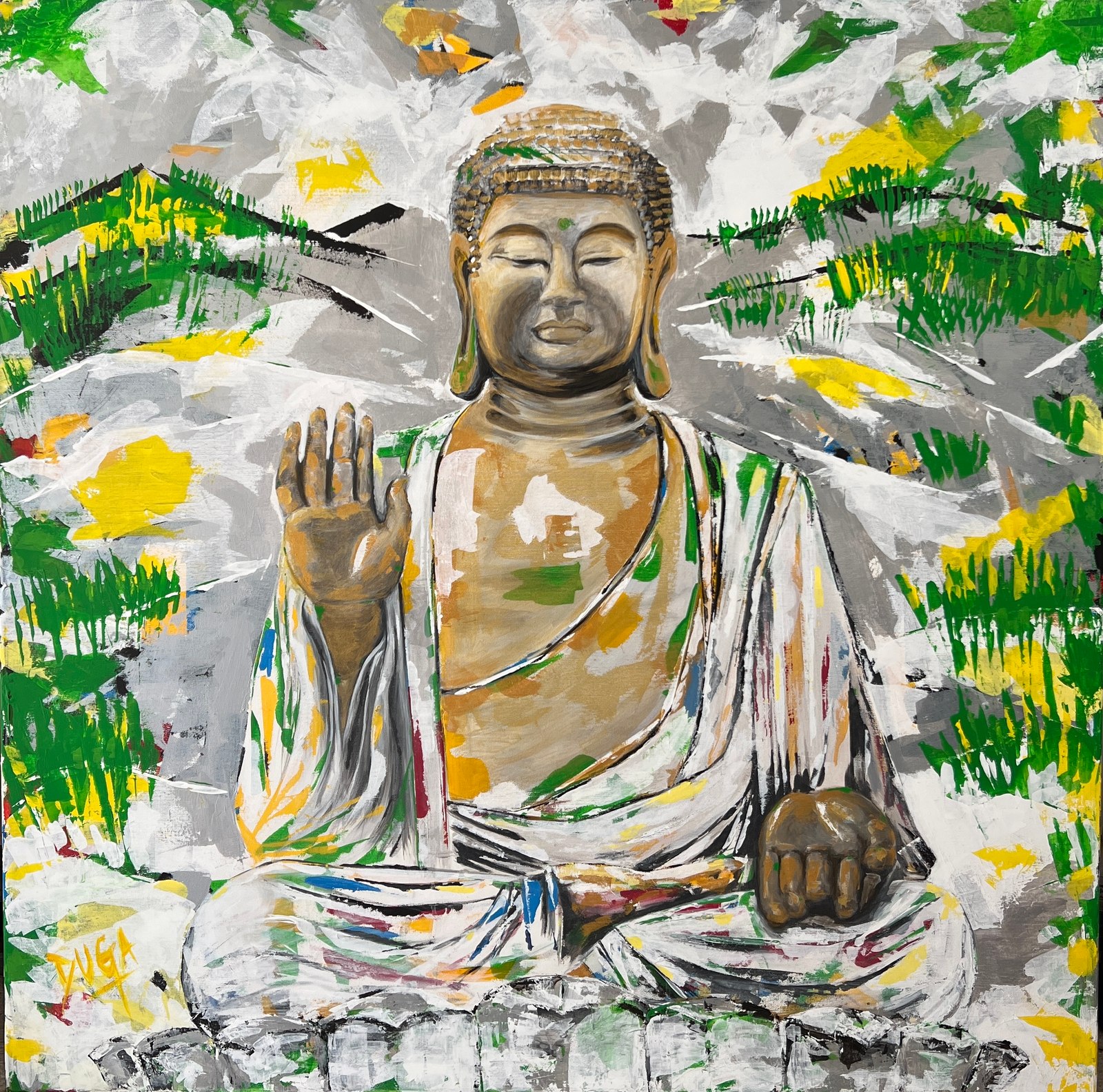 Painting of a Buddha statue with a raised hand, surrounded by loose green and gold brushstrokes