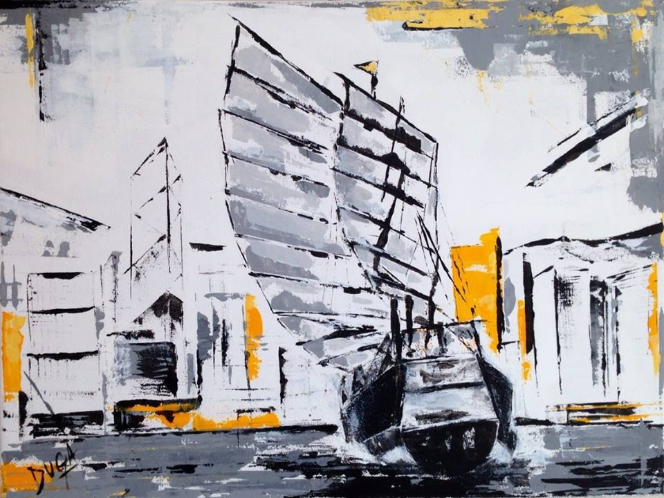Abstract black, white and red cityscape suggesting movement toward the city