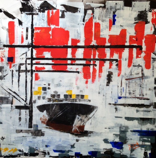 Painting of Hong Kong harbour with red abstract skyscrapers and a small boat