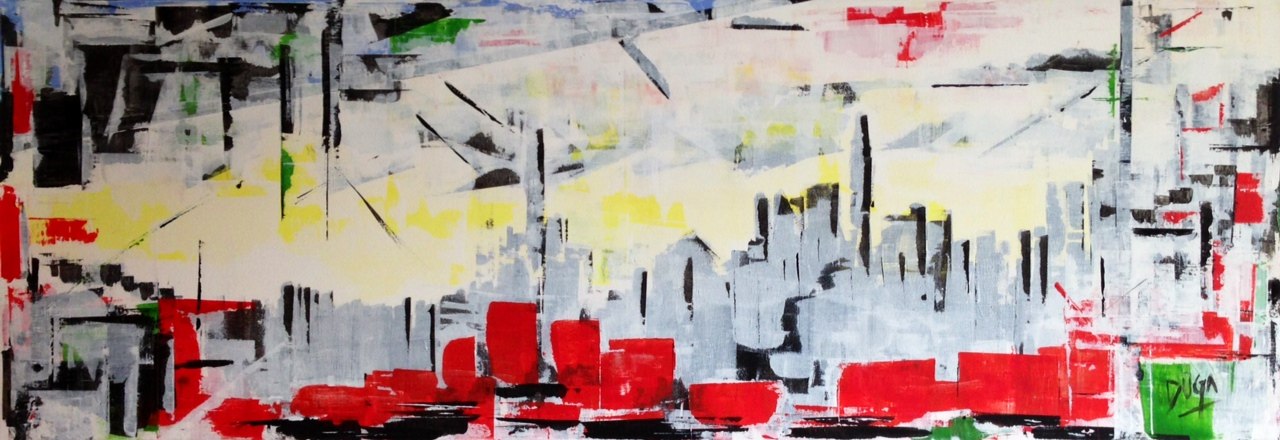 Wide panoramic painting of the Hong Kong skyline in grey, red, black and green
