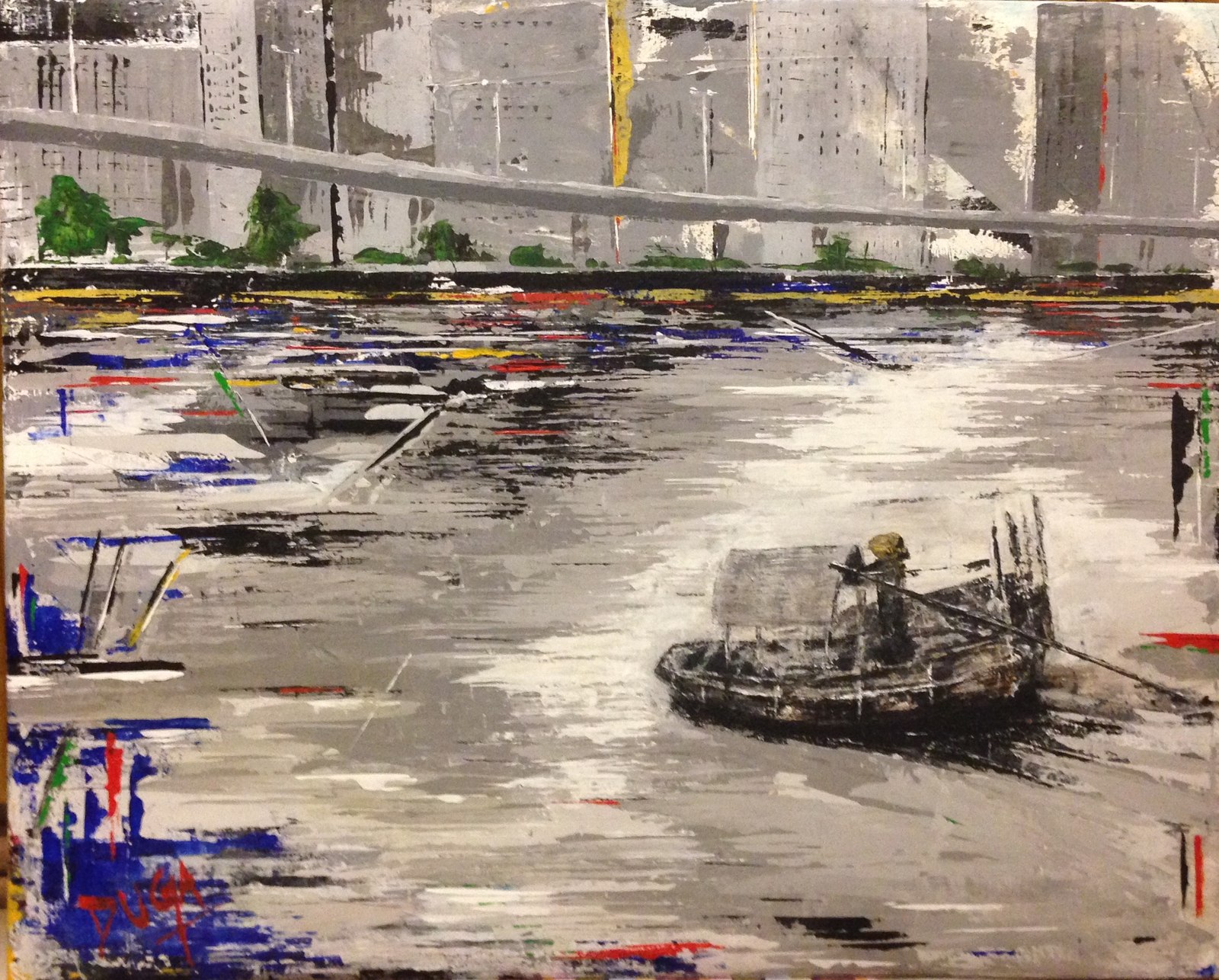 Painting of a boatman poling a sampan along a grey river, city skyline behind