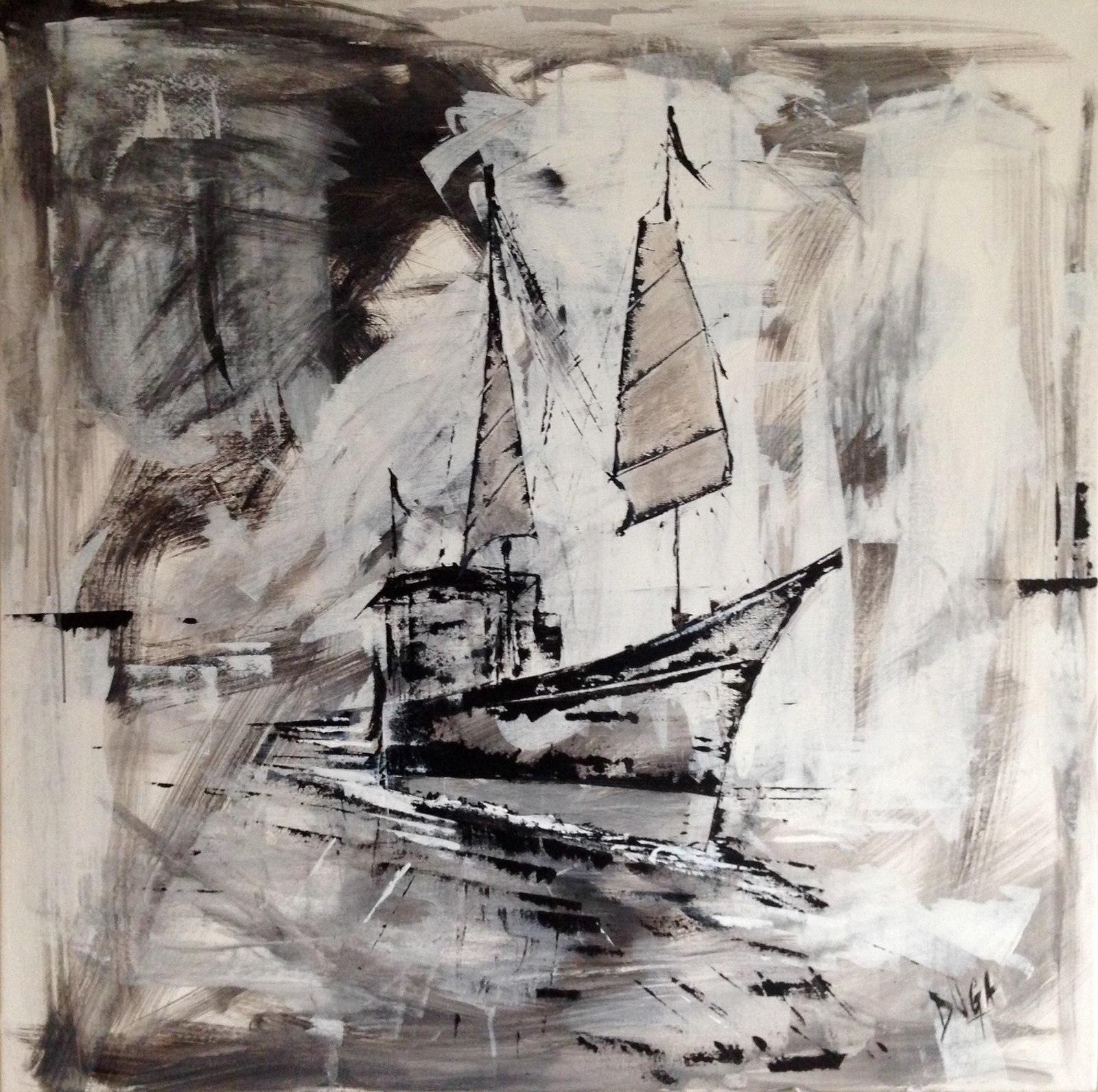 Sepia-toned painting of a junk boat with two sails on calm water