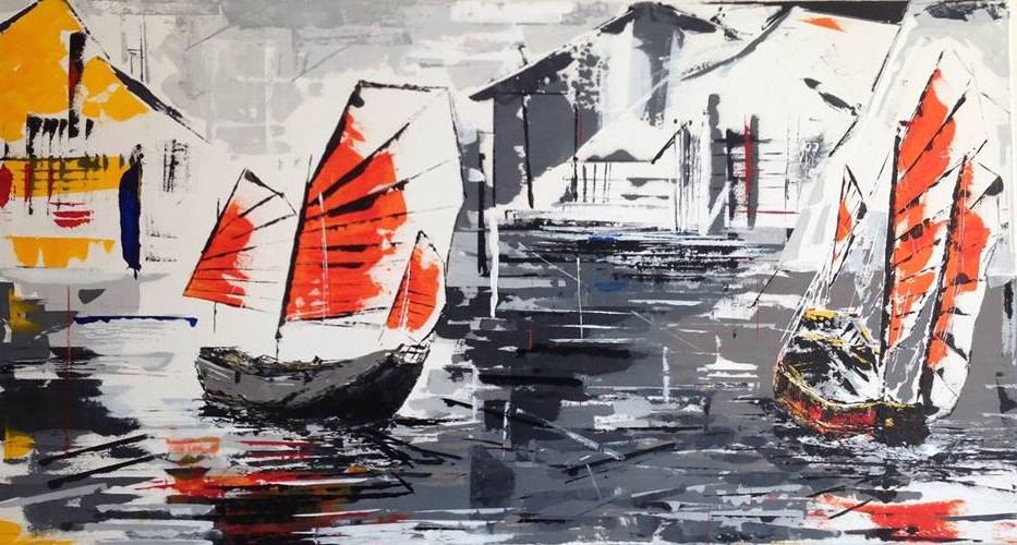 Painting of two junk boats with orange sails against a Hong Kong backdrop