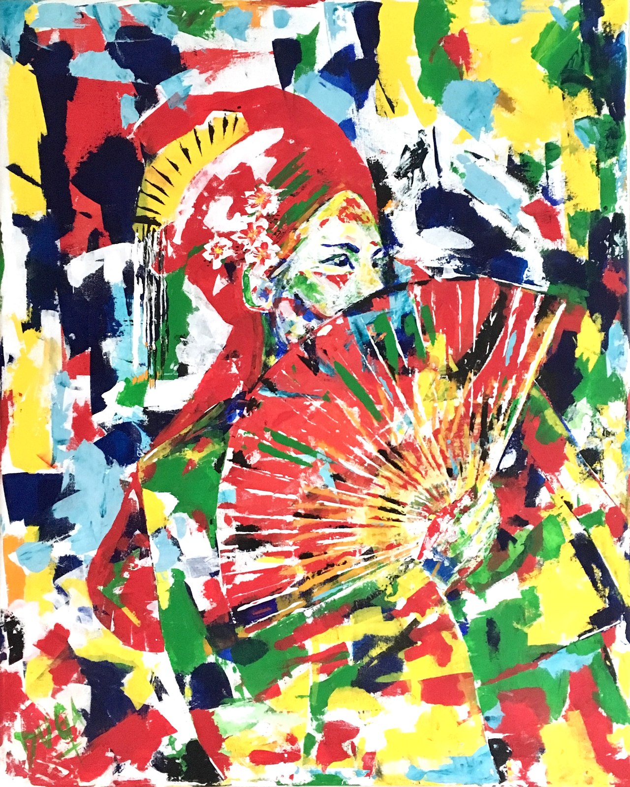 Colorful abstract portrait of a woman with flowers in her hair