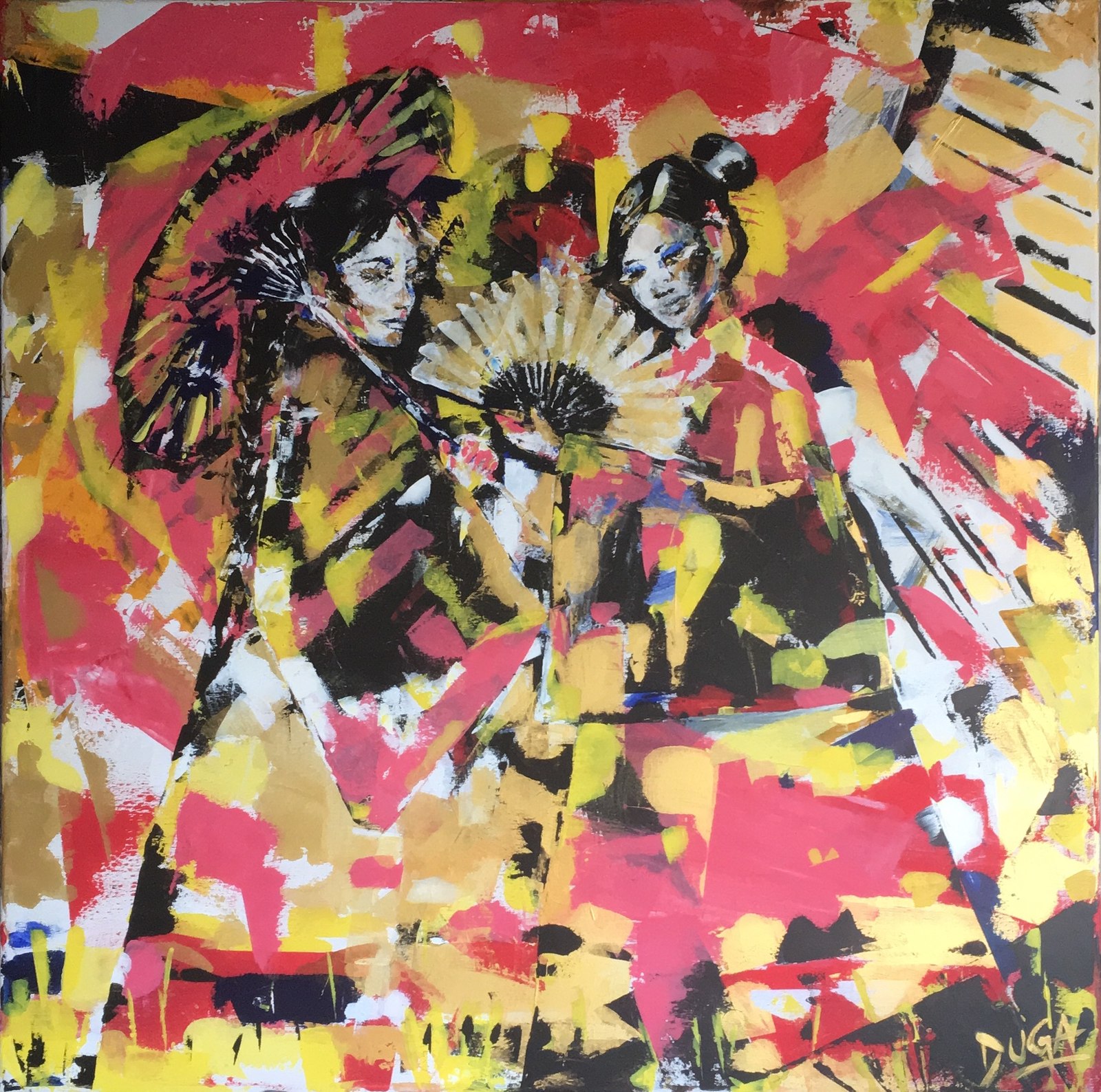 Painting of two figures with fans against a warm red and yellow background