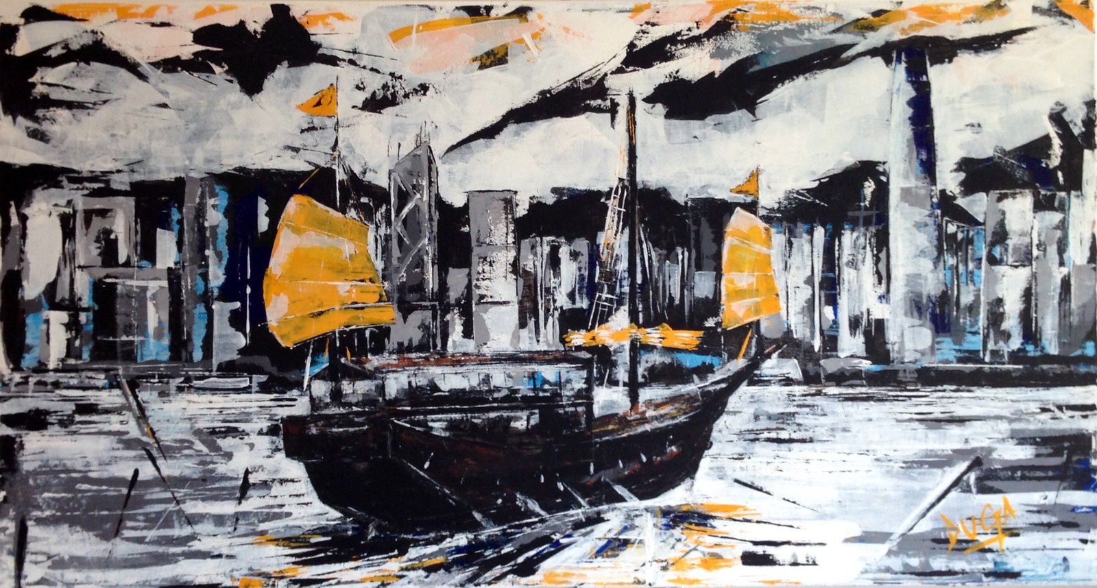 Painting of a junk boat with yellow sails against a black, white and orange harbour scene