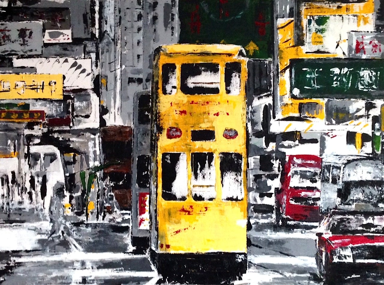 Close-up painting of a yellow tram on a busy Hong Kong street
