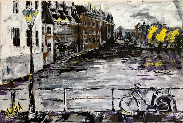 Painting of a canal street in Amsterdam with a bicycle leaning on a railing, in grey, black and yellow tones