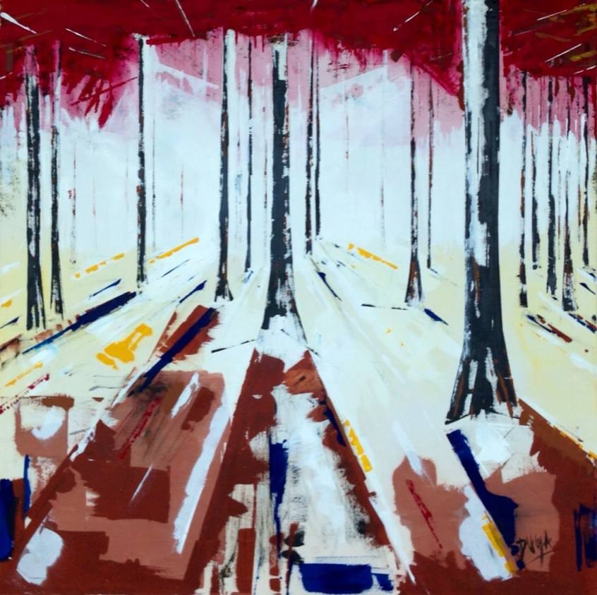 Painting of a forest with white birch trees, a red canopy, and a warm-toned ground