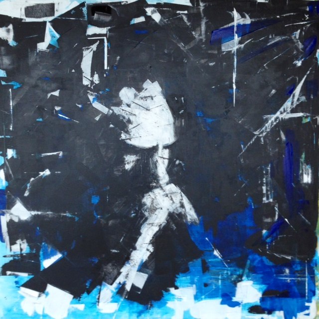 Dark abstract expressionist painting of a walking figure in black, white and blue