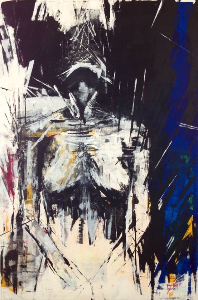 Abstract figurative painting in black, white and cream with a blue vertical band