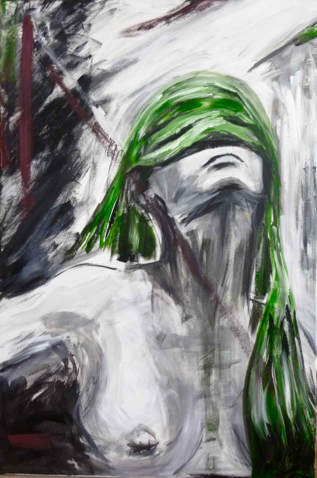 Portrait painting of a figure with a green head covering, looking downward
