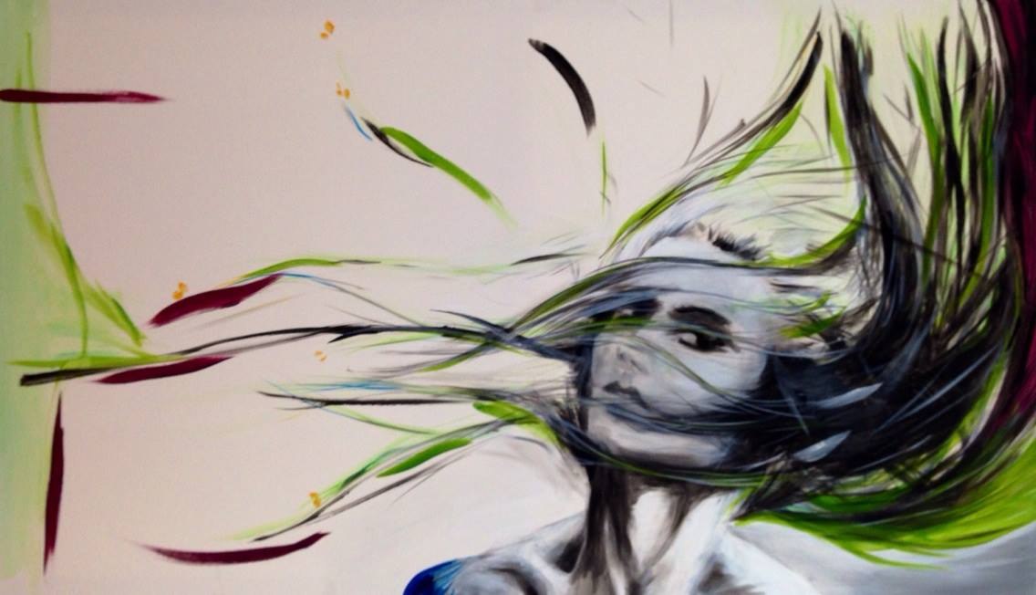 Painting of a figure with hair streaming outward in green and dark tones