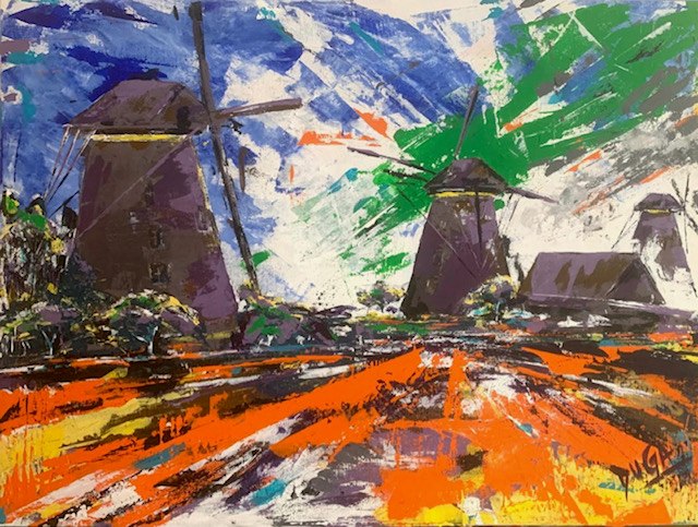 Expressive painting of Dutch windmills under a blue sky with an orange foreground