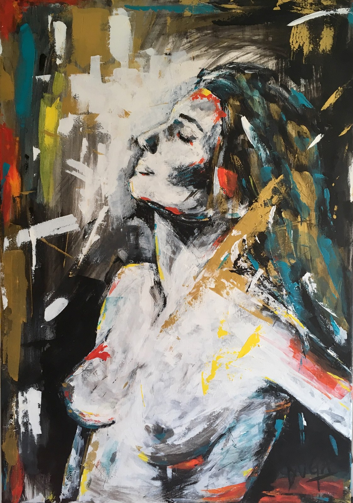 Painting of a woman with head tilted back and eyes closed, in gold, teal and red tones