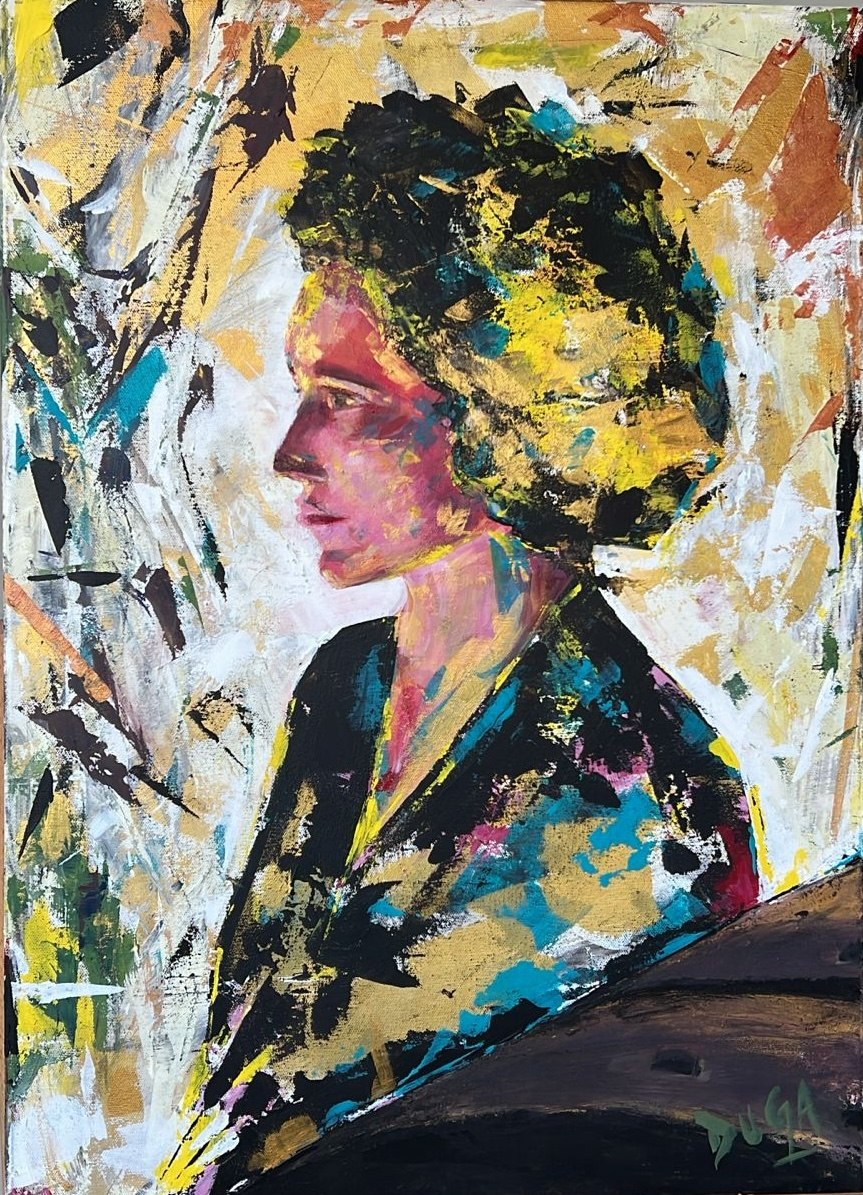 Colorful profile portrait of a woman in gold, teal and pink tones