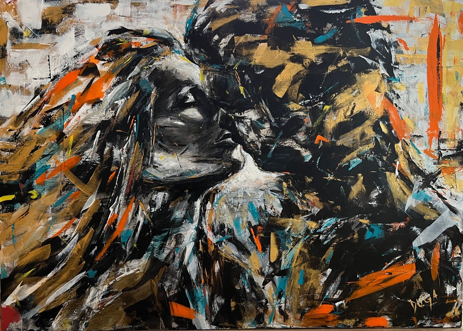 Painting of two faces close together about to kiss, in dark tones with orange and teal accents