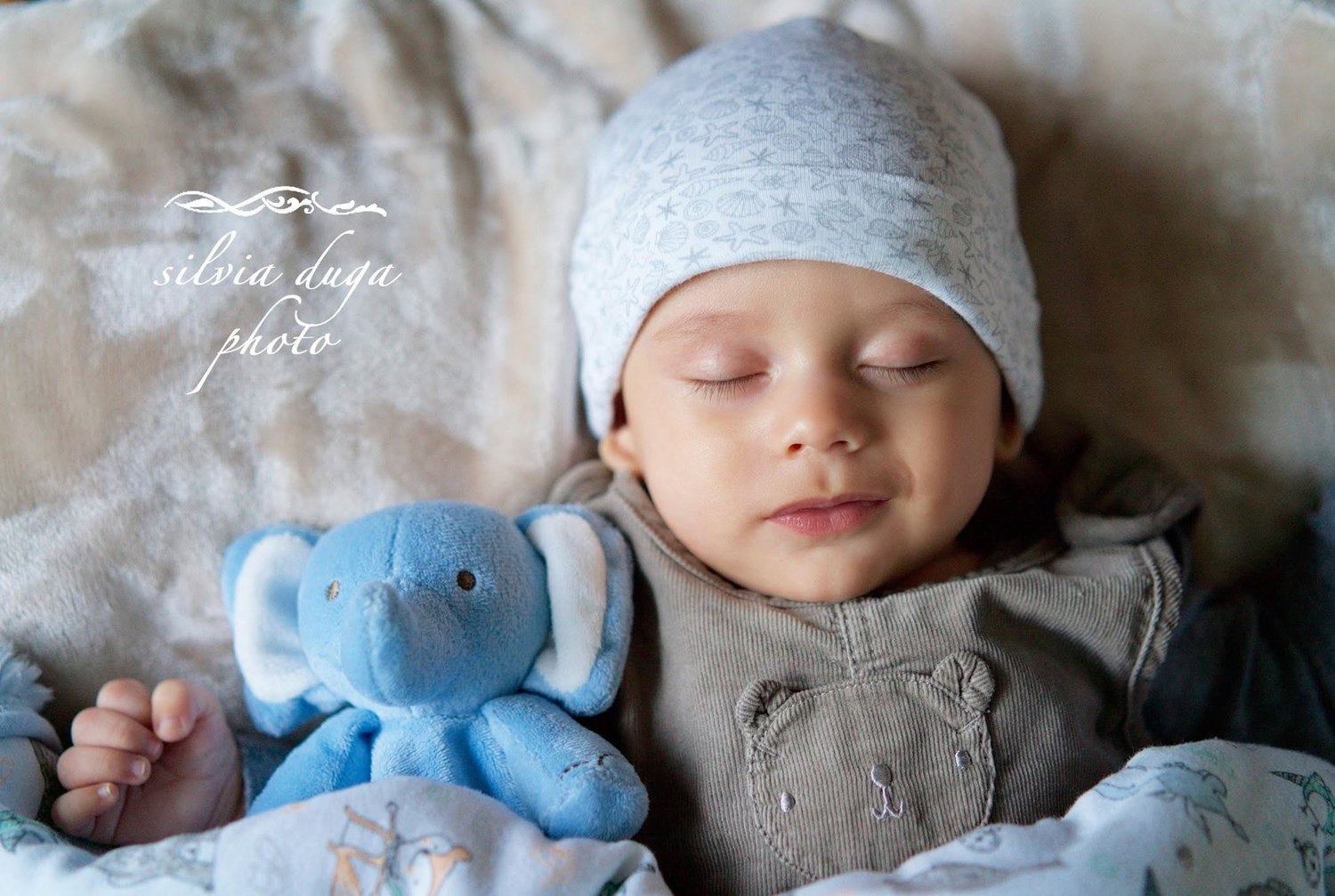 Sleeping baby in a knit hat holding a blue elephant toy